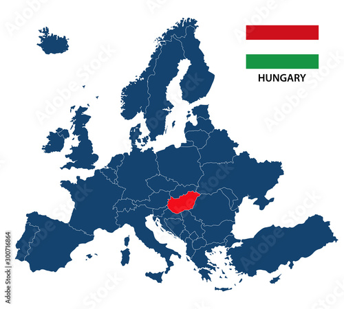 Photography Simple illustration of a map of Europe with highlighted Hungary and Hungarian fl