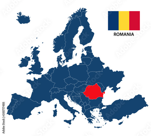 Canvas Print Simple illustration of a map of Europe with highlighted Romania and Romanian fla