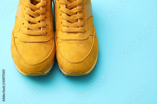 Pair of stylish shoes on light blue background