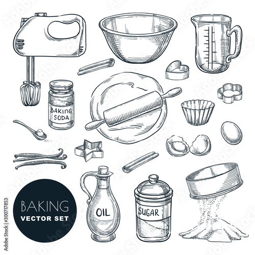 Baking ingredients and kitchen utensil icons. Vector flat cartoon illustration. Cooking and recipe design elements