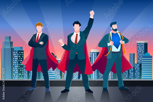 Businessmen in superhero cloaks on roof. Vector business metaphor illustration. Concept of success teamwork, leadership