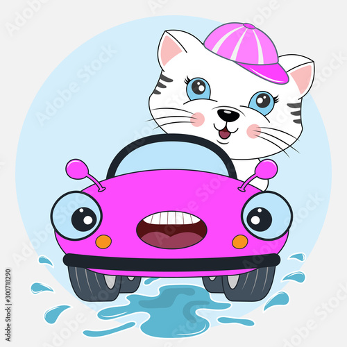 Happy cat girl driving lilac car. Greeting card