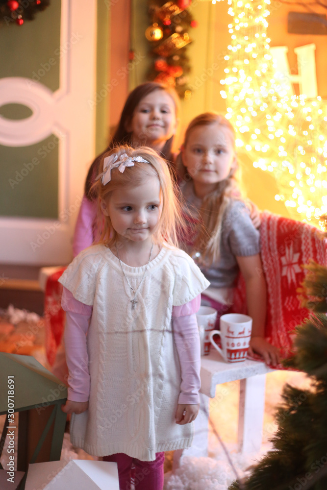 two girls in the background and one in front in the Christmas decorations smiling two girls in the background and one in front in the Christmas decorations smiling