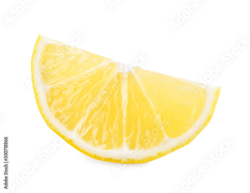 Slice of fresh juicy lemon on white background