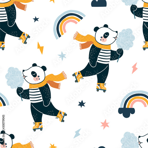 Seamless pattern with Funny happy little cartoon panda character in roller-skates dressed up in stripy top and yellow scarf eat sweet cotton. Scandinavian style childish trendy print in vector.