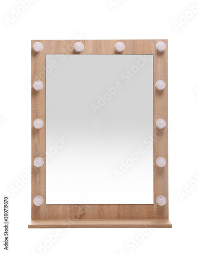 Beautiful mirror with light bulbs isolated on white © New Africa