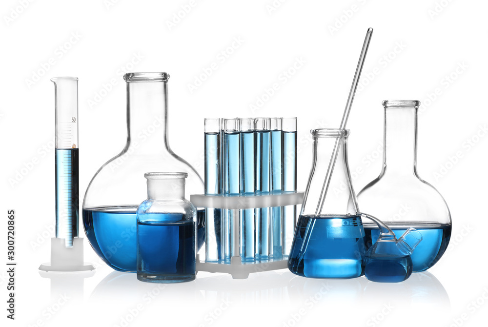 Set of laboratory glassware with blue liquid isolated on white - obrazy, fototapety, plakaty 