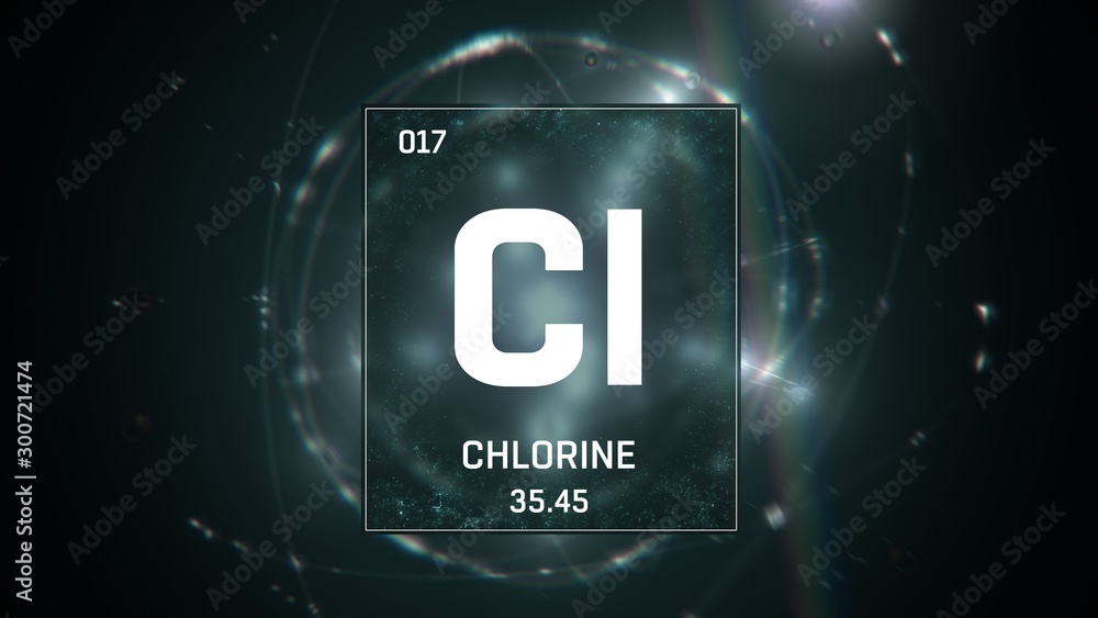 3D illustration of Chlorine as Element 17 of the Periodic Table. Green illuminated atom design background with orbiting electrons. Design shows name, atomic weight and element number 3D illustration of Chlorine as Element 17 of the Periodic Table. Green illuminated atom design background with orbiting electrons. Design shows name, atomic weight and element number