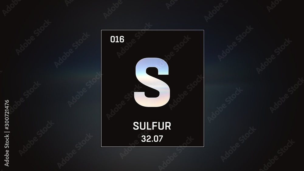 3D illustration of Sulfur as Element 16 of the Periodic Table. Grey illuminated atom design background with orbiting electrons. Design shows name, atomic weight and element number 3D illustration of Sulfur as Element 16 of the Periodic Table. Grey illuminated atom design background with orbiting electrons. Design shows name, atomic weight and element number