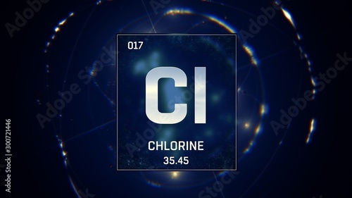 3D illustration of Chlorine as Element 17 of the Periodic Table. Blue illuminated atom design background with orbiting electrons. Design shows name, atomic weight and element number photo