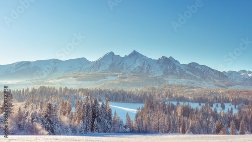 Tatra mountains in winter season, Zakopane, Poland. Snowy mountain range on clear sunny day