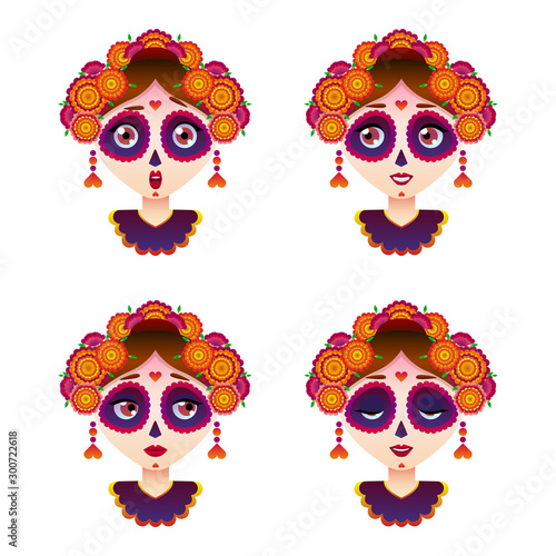 Cartoon calavera sugar skull mexican girl emotions