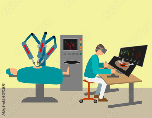 Remote robotic surgery with the surgeon operating from distance. Modern health care with 5G technology. Vector Illustration.