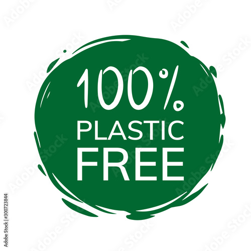 100 % Plastic free sign stamp. Eco product round green mark, label, emblem, sticker design on white background 