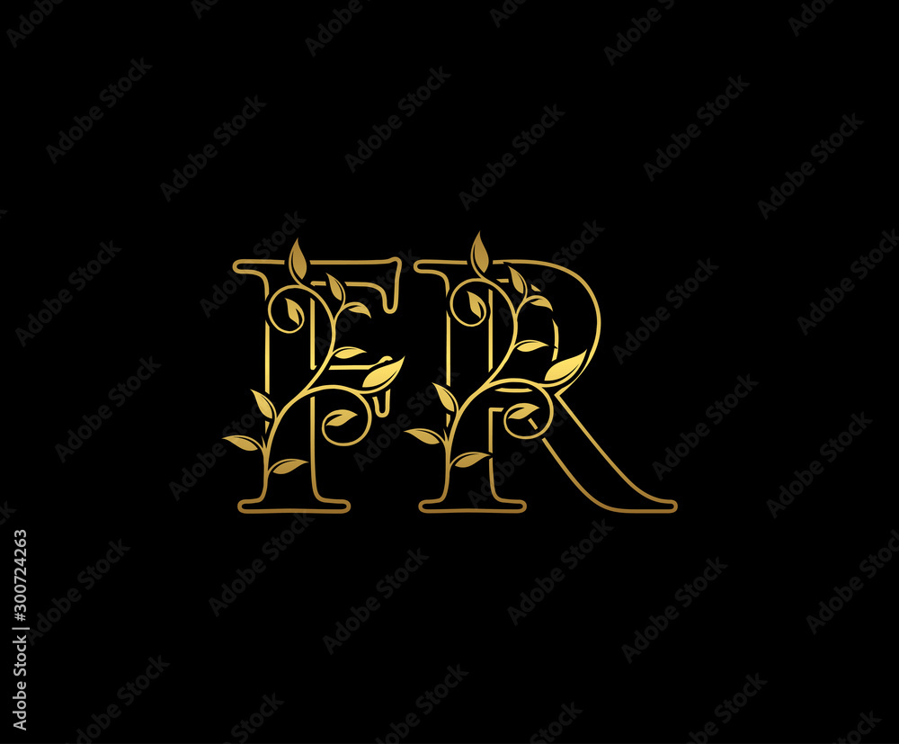 Golden letter F and R, FR vintage decorative ornament emblem badge ...