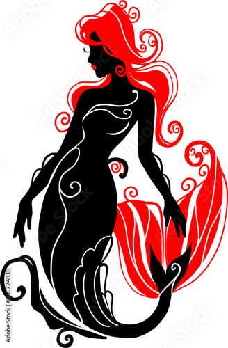 Logotype Silhouette mermaid sitting on the waves. Isolated figure of girl from fairytale.