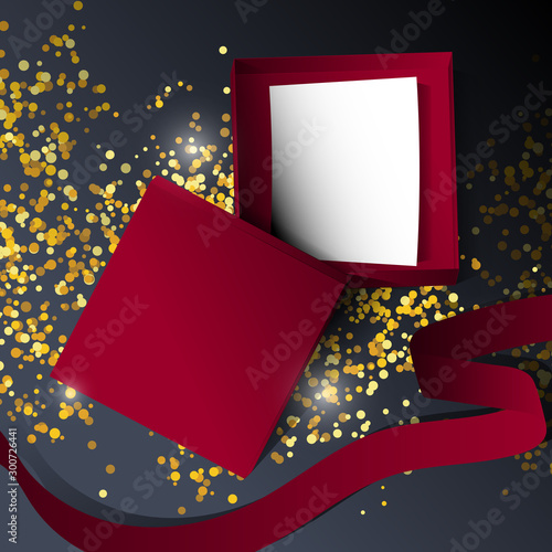 Open red box with a blank sheet, ribbon, and confetti. Top view. 3D realistic vector illustration for banner, greeting card, flyer.