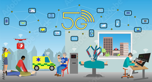 Modern healthcare with 5G technology enables new possiblities with everything connected. Remote robotic surgery, ambulance drones, defibrillator availability, health recording, Vector Illustration.
