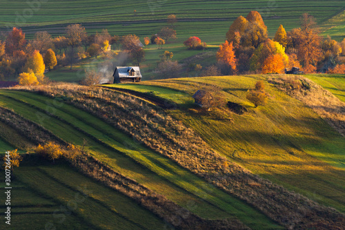 Fall in Slovakia. Meadows and fields landscape near Strelniky. Autumn colored trees at sunrise photo