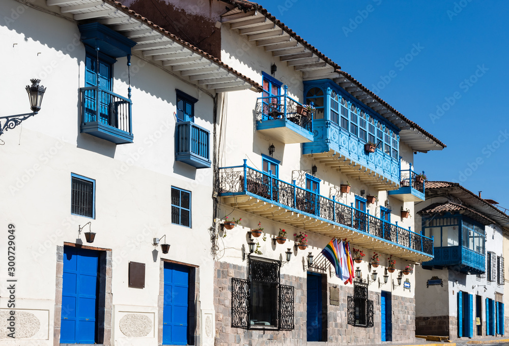 Street with Blue Windows, Shutters and Balconies in Cusco, Peru