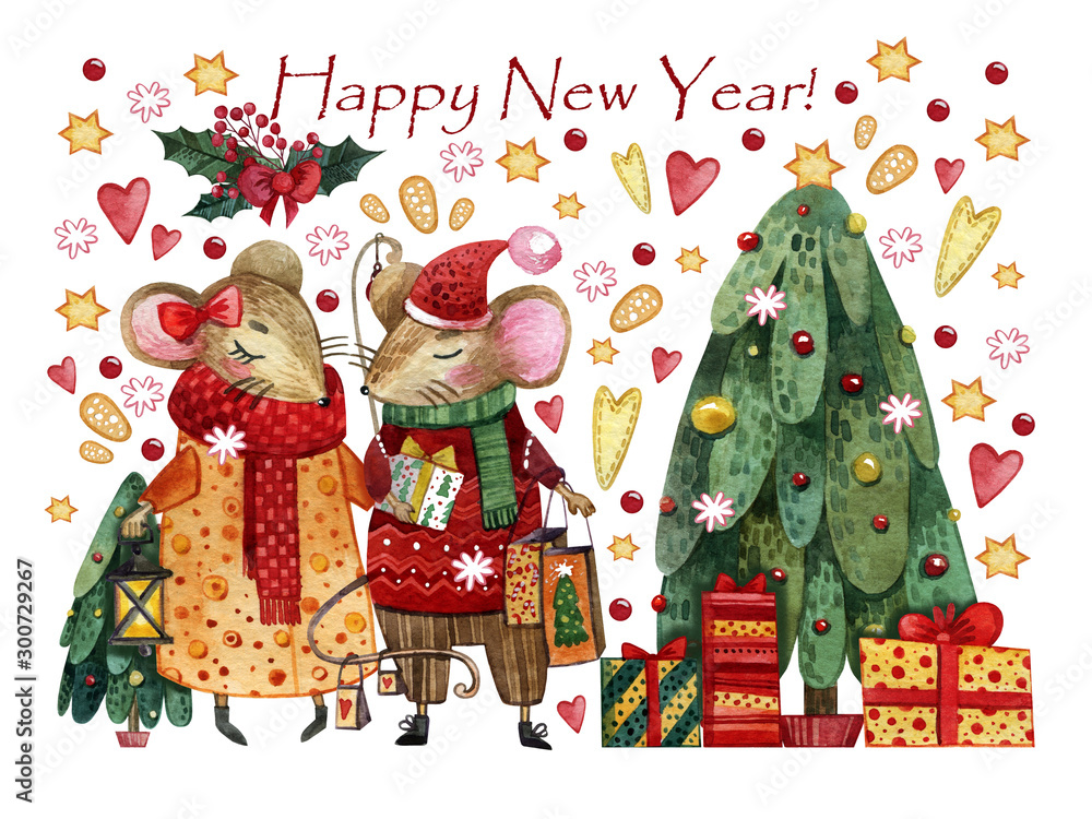 Fototapeta premium Watercolor Christmas card with a pair of mice in love. Hand drawn mice with gifts in hands on the background of a Christmas tree, gifts, toys, hearts, stars, New Year's gifts.