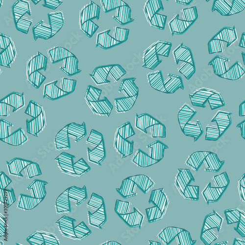 Vector recycle symbol seamless pattern. Green hand drawn design.