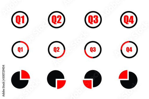 Quarterly icon set red and black showind first quarter second quarter third quarte and fourth quarter on three different designs isolated on white background photo