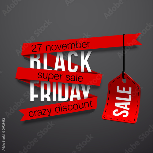 Sticker for mega-sale "Black Friday". Black Friday discount poster. Annual Christmas sales season. Big discounts in retail and online stores (up to 50%). Friday, November 29, 2019