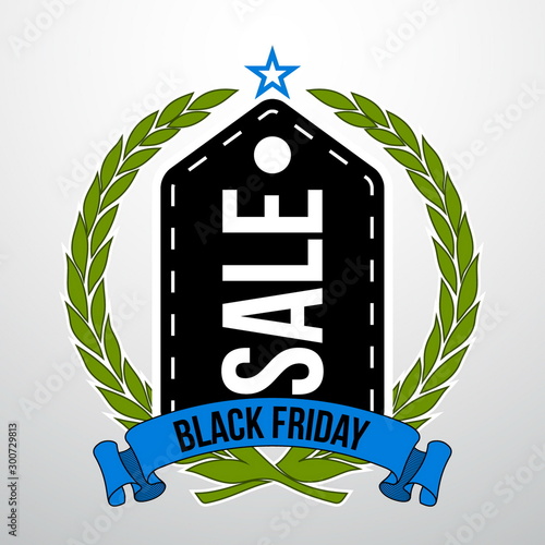 Sticker for mega-sale "Black Friday". Black Friday discount poster. Annual Christmas sales season. Big discounts in retail and online stores (up to 50%). Friday, November 29, 2019