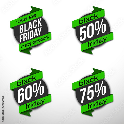 Sticker for mega-sale "Black Friday". Black Friday discount poster. Annual Christmas sales season. Big discounts in retail and online stores (up to 50%). Friday, November 29, 2019