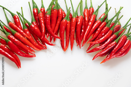 Red hot chili pepper on white background. Horizontal row of chili peppers, top view. Red ripe peppers with green stems with copy space.