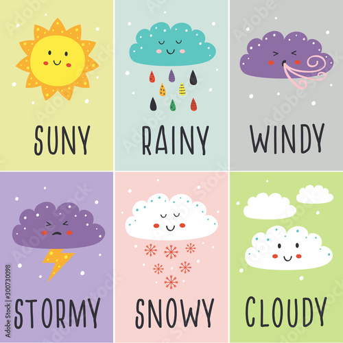 set of cards with cute baby weather - vector illustration, eps    