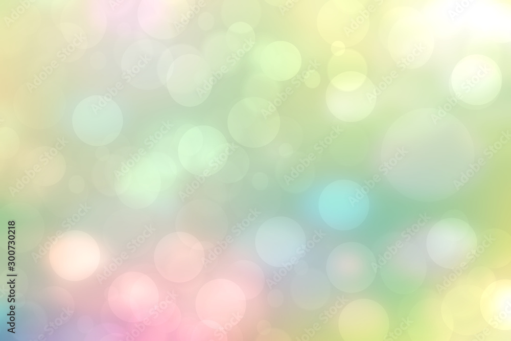 Abstract blurred fresh vivid spring summer light delicate pastel yellow pink orange green bokeh background texture with bright circular soft color lights. Beautiful backdrop illustration.
