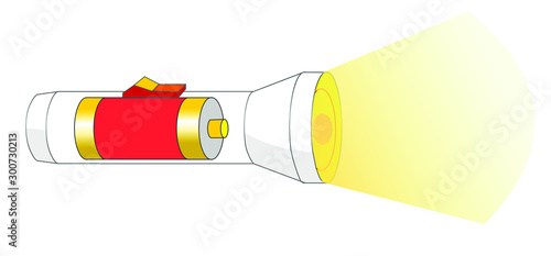 Flashlight internal structure. with on / off switch, light bulb, battery and battery. Flash light anatomy. 2d vector illustration