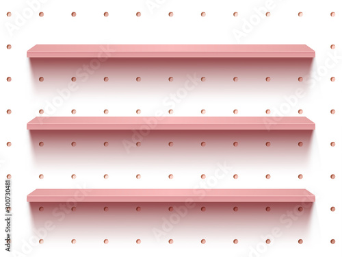 Two shelves on the wall with light and shadow in empty white room. Pyramid or tree shape