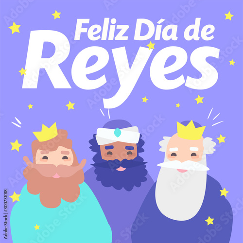 The three kings of orient, Melchior, Gaspard and Balthazar, on a purple background. Christmas vectors. Happy Epiphany written in Spanish