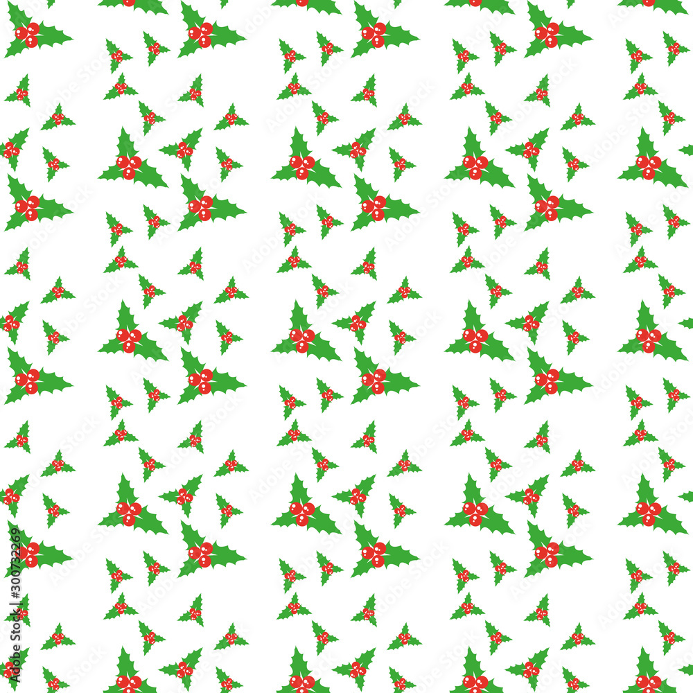 Christmas holly branches with cinnamon and cloves on a white background. Seamless pattern.