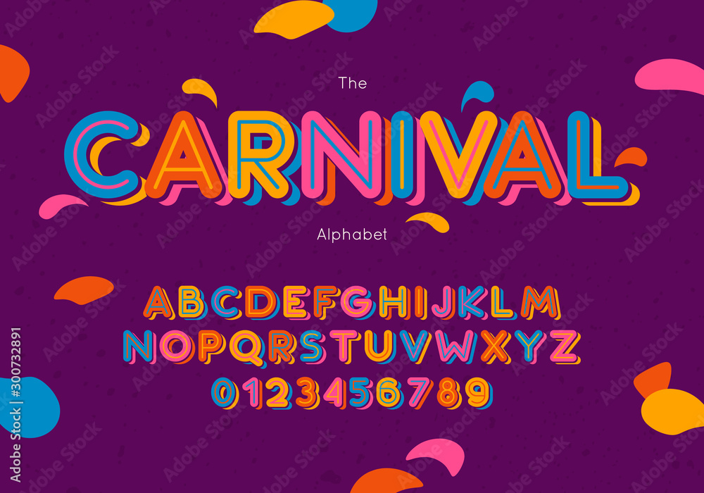 Vector carnival font and alphabet. Hand lettering for banner, poster, invitation template, greeting card - obrazy, fototapety, plakaty 