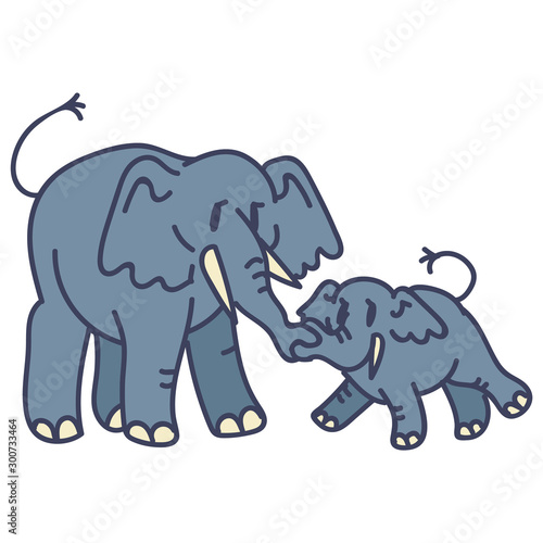  Adorable Cartoon Elephant Mother And Calf Vector Clip Art. Savannah Animal with Trunk Icon. Hand Drawn Kawaii Kid Motif Illustration of Wildlife in Flat Color. Isolated Baby, Nursery and Character.  photo