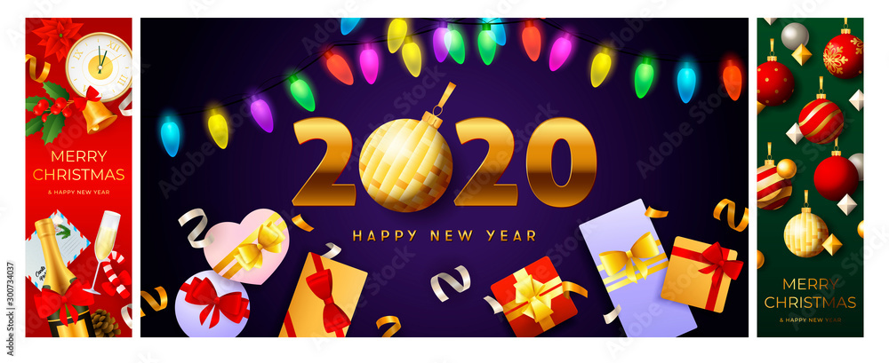 Happy New Year red, violet, green banner set with garland