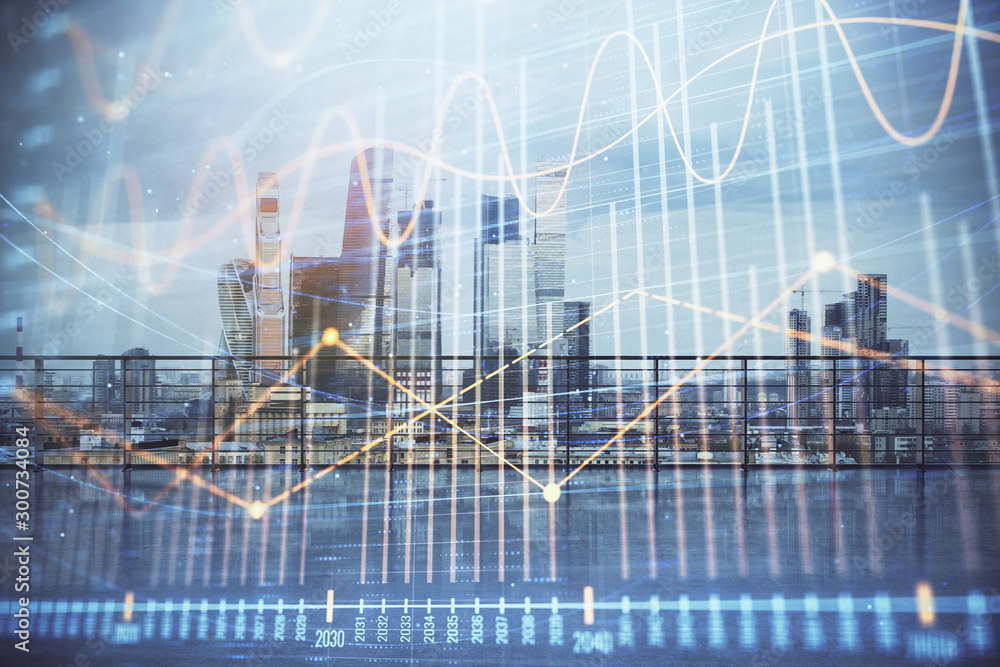 Forex graph hologram with city view from roof background. Double exposure. Stock market concept. Forex graph hologram with city view from roof background. Double exposure. Stock market concept.