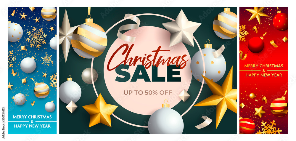 Naklejka premium Christmas sale blue, red banner set with stars