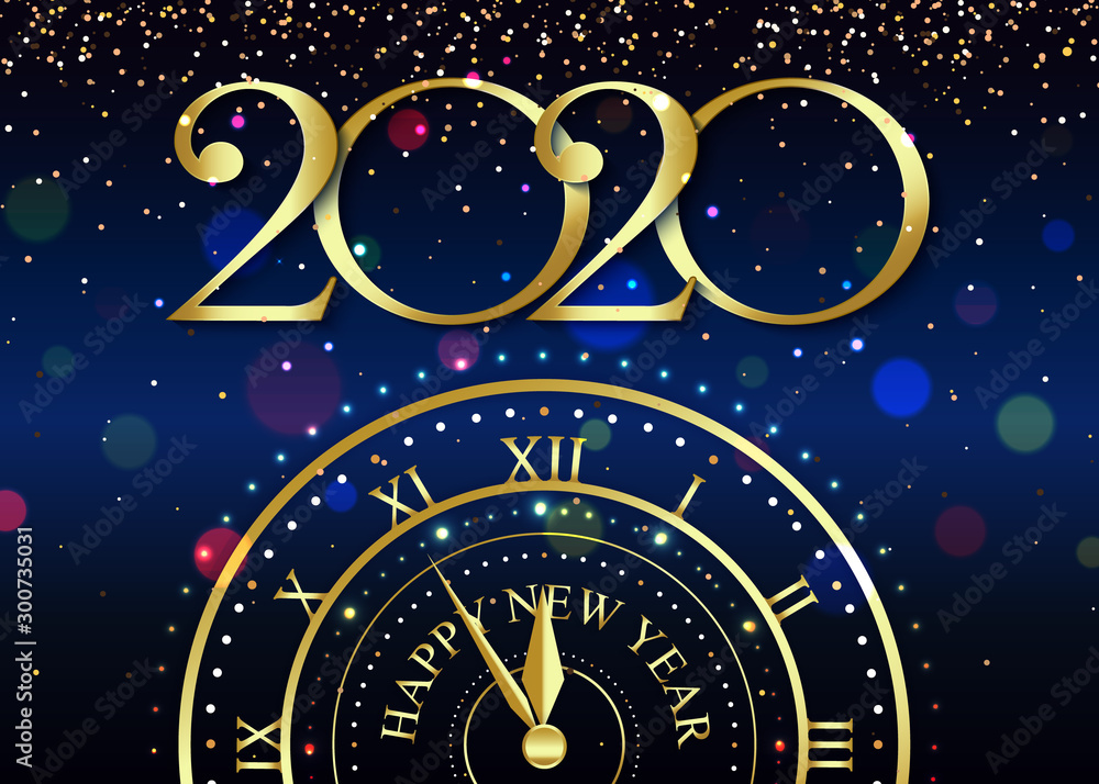 New Year 2020 logo text design with gold sparks, clock on blue background. Vector illustration New Year 2020 logo text design with gold sparks, clock on blue background. Vector illustration