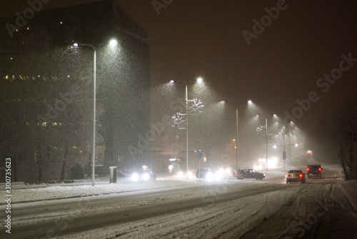 Winter city park in morning. Winter weather abstract photo.