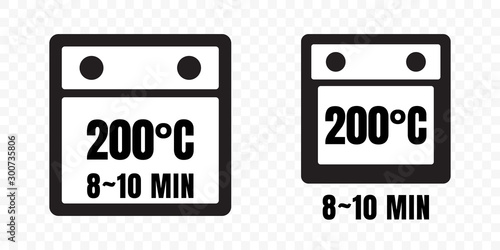 Food cooking package instruction vector label icons. Food cooking in microwave and baking in oven with temperature and time minutes recommendation