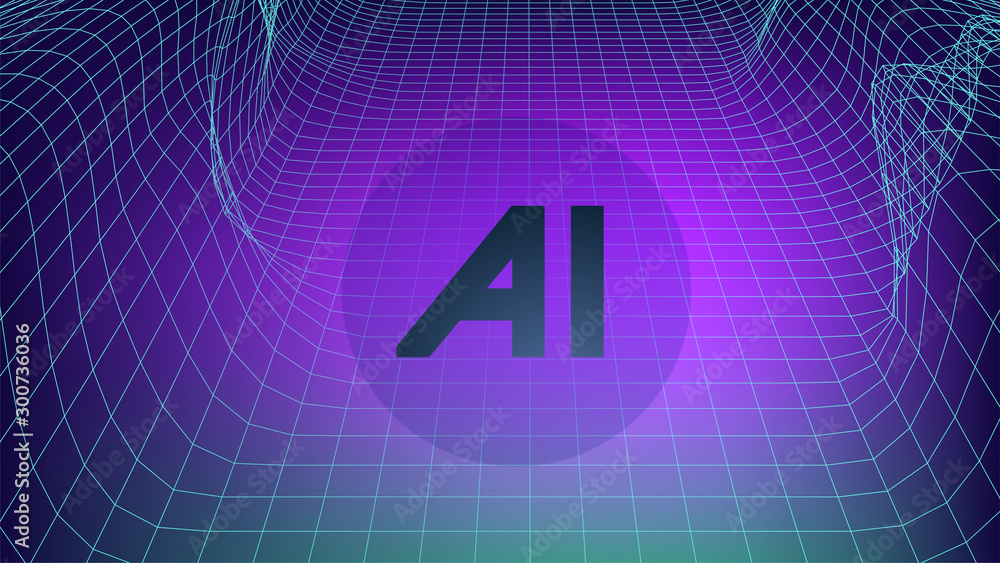 Artificial intelligence banner, poster or cover template. Wireframe 80s style landscape. Big letters AI in virtual valley. Future of computing concept. Hi tech abstract look. Stock vector illustration Artificial intelligence banner, poster or cover template. Wireframe 80s style landscape. Big letters AI in virtual valley. Future of computing concept. Hi tech abstract look. Stock vector illustration