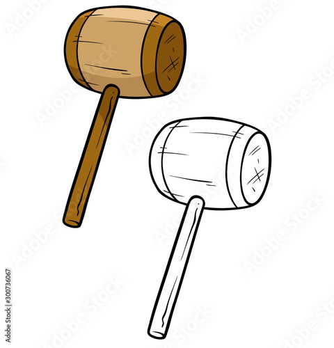 Cartoon wooden builder hammer. Isolated on white background. Vector icon for coloring.