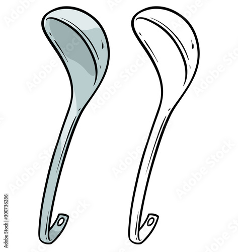 Cartoon metal kitchen spoon or scoop. Isolated on white background. Vector icon for coloring.