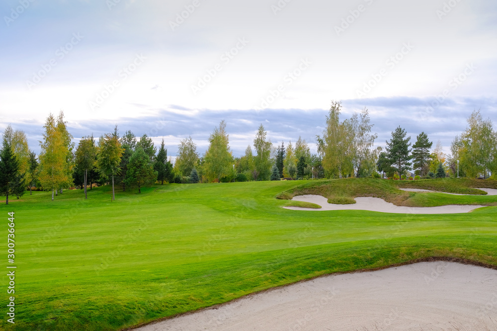 Obraz premium Landscape. Golf course with trees, shrubs.