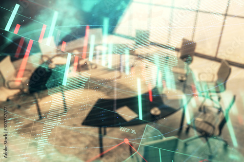 Double exposure of stock market graph with globe hologram on conference room background. Concept of international finance